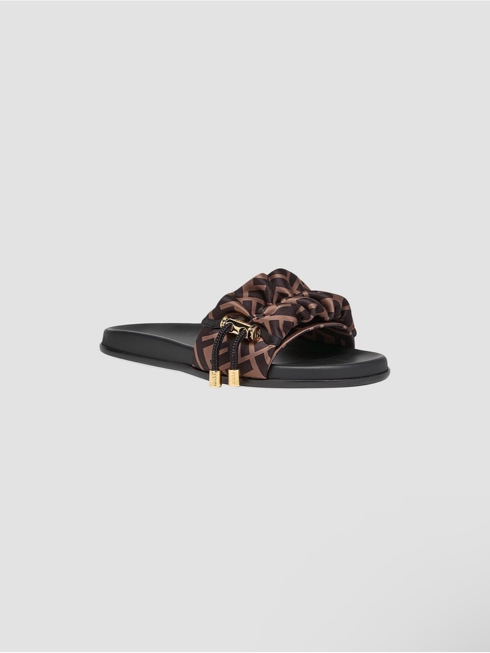 Fendi Brown Logo-Print Ruché Slide Sandals with Gold Accents
